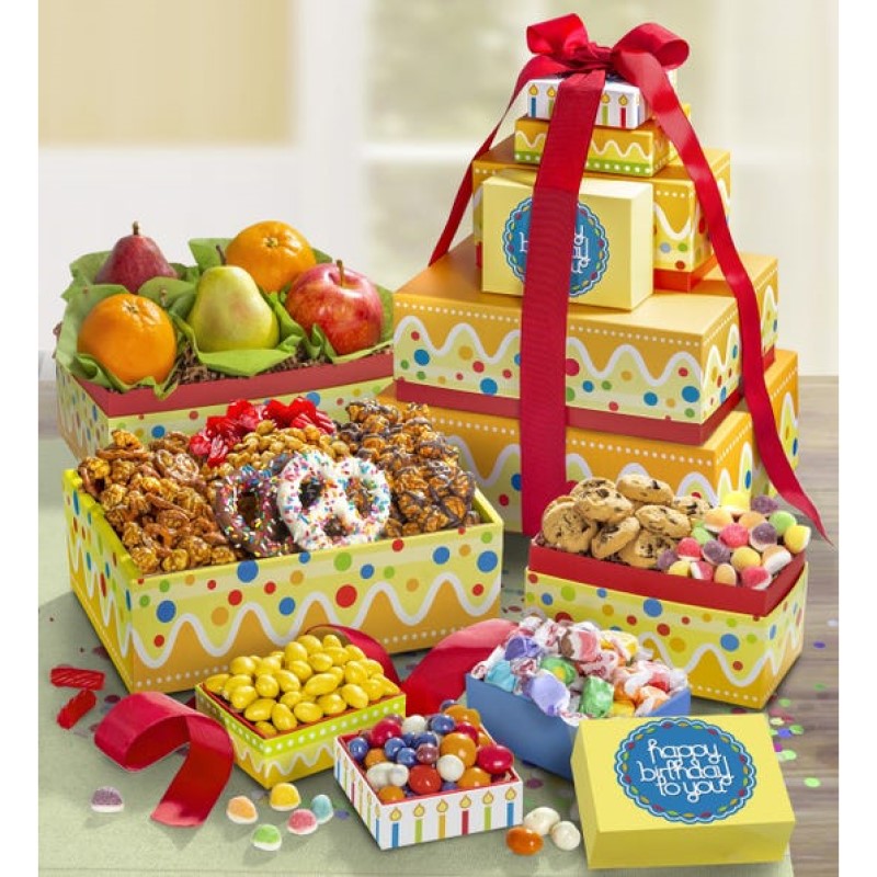 Happy Birthday Fruit & Sweets Tower - BlinkSwag Gifting