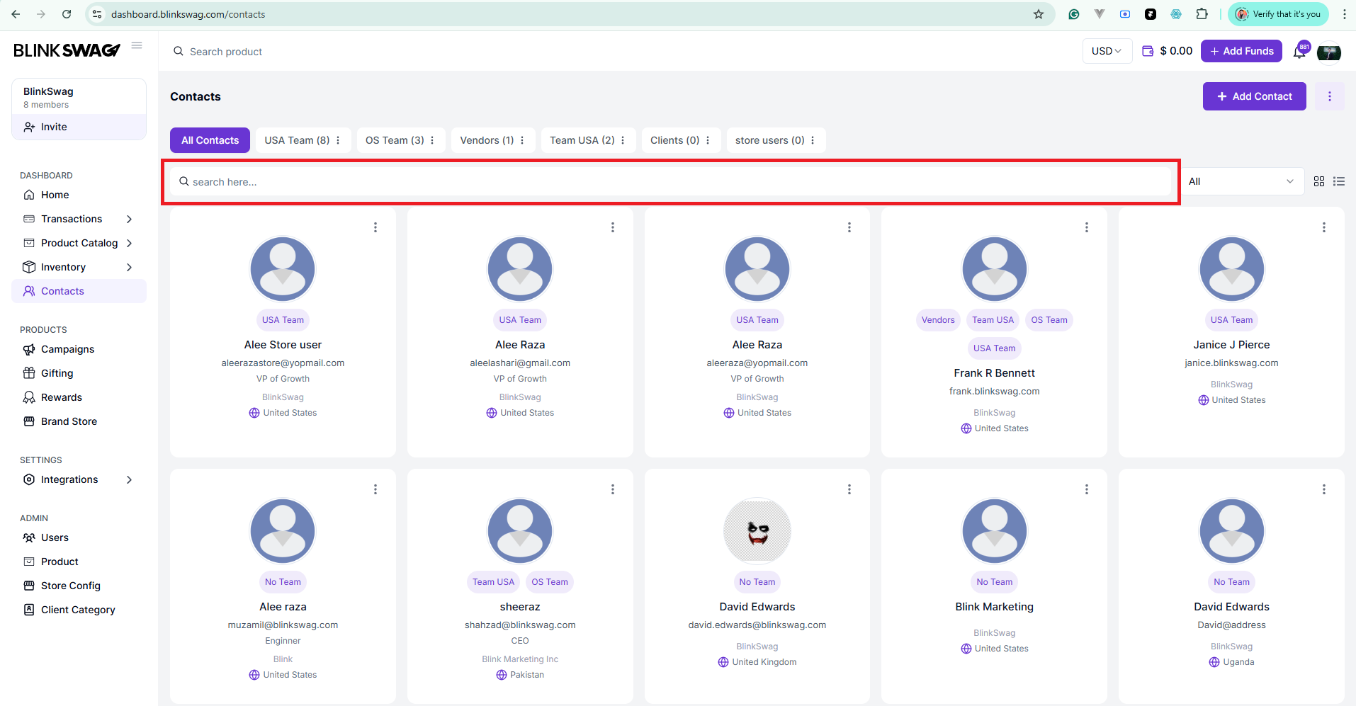How to Manage Contacts Section in BlinkSwag | Complete Overview 2 The Search Bar