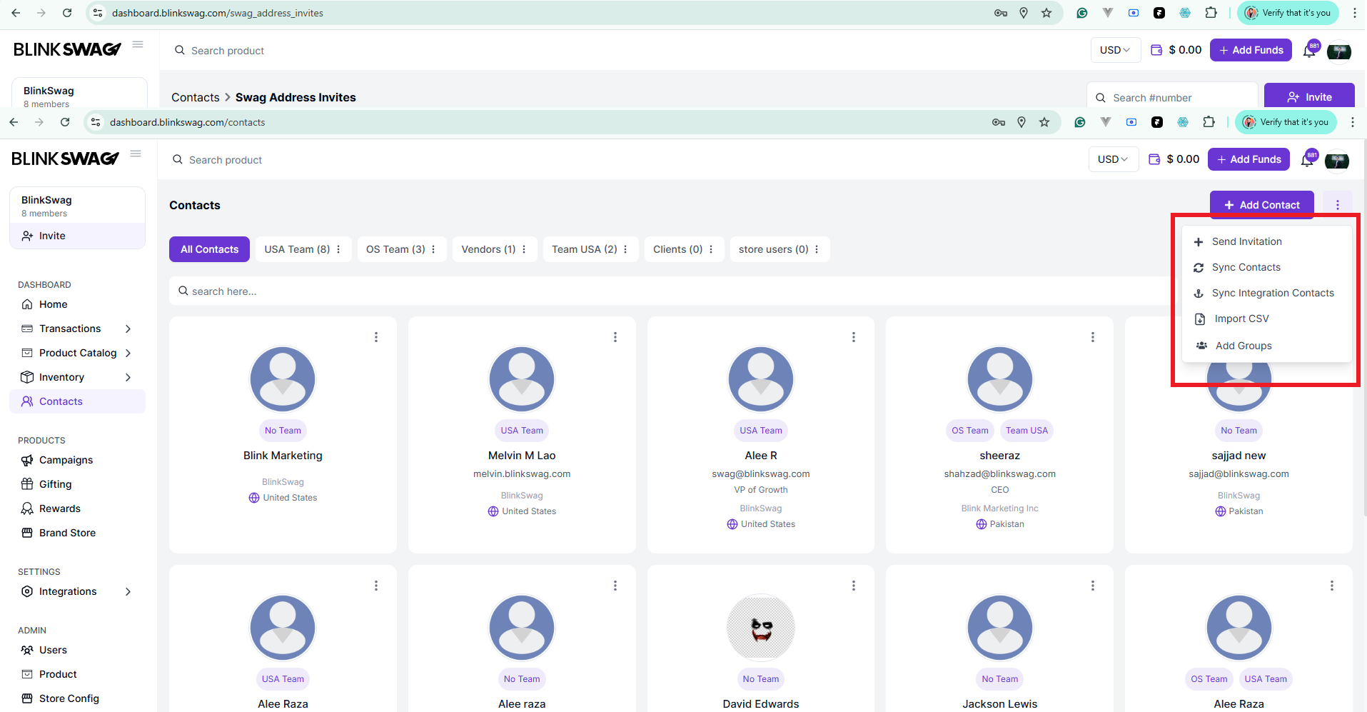 How to Manage Contacts Section in BlinkSwag | Complete Overview 4 Three Dot Menu Right side to Add Contact Button