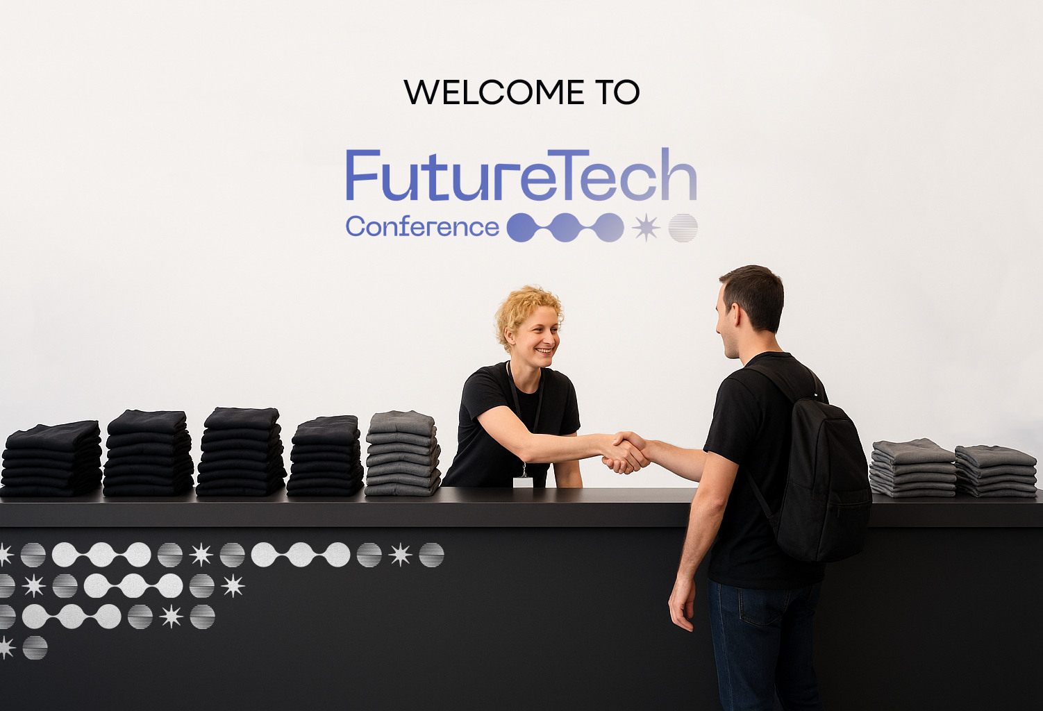 Two individuals shaking hands at a table with a sign reading "Future Tech Conference" in the background.