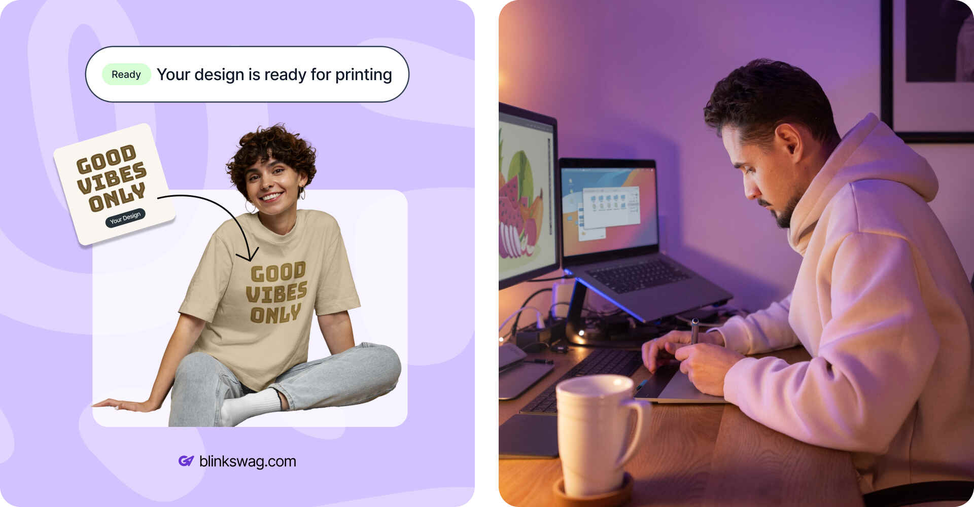 collage of a man using computer and a custom image of a girl's tshirt designing by blinkswag