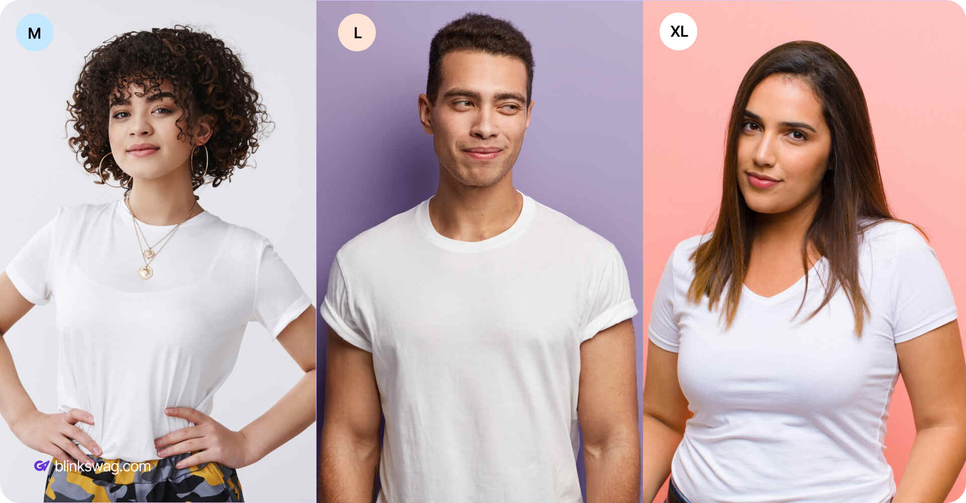 collage of a girl, a man, and a woman wearing a white tshirt on different solid background