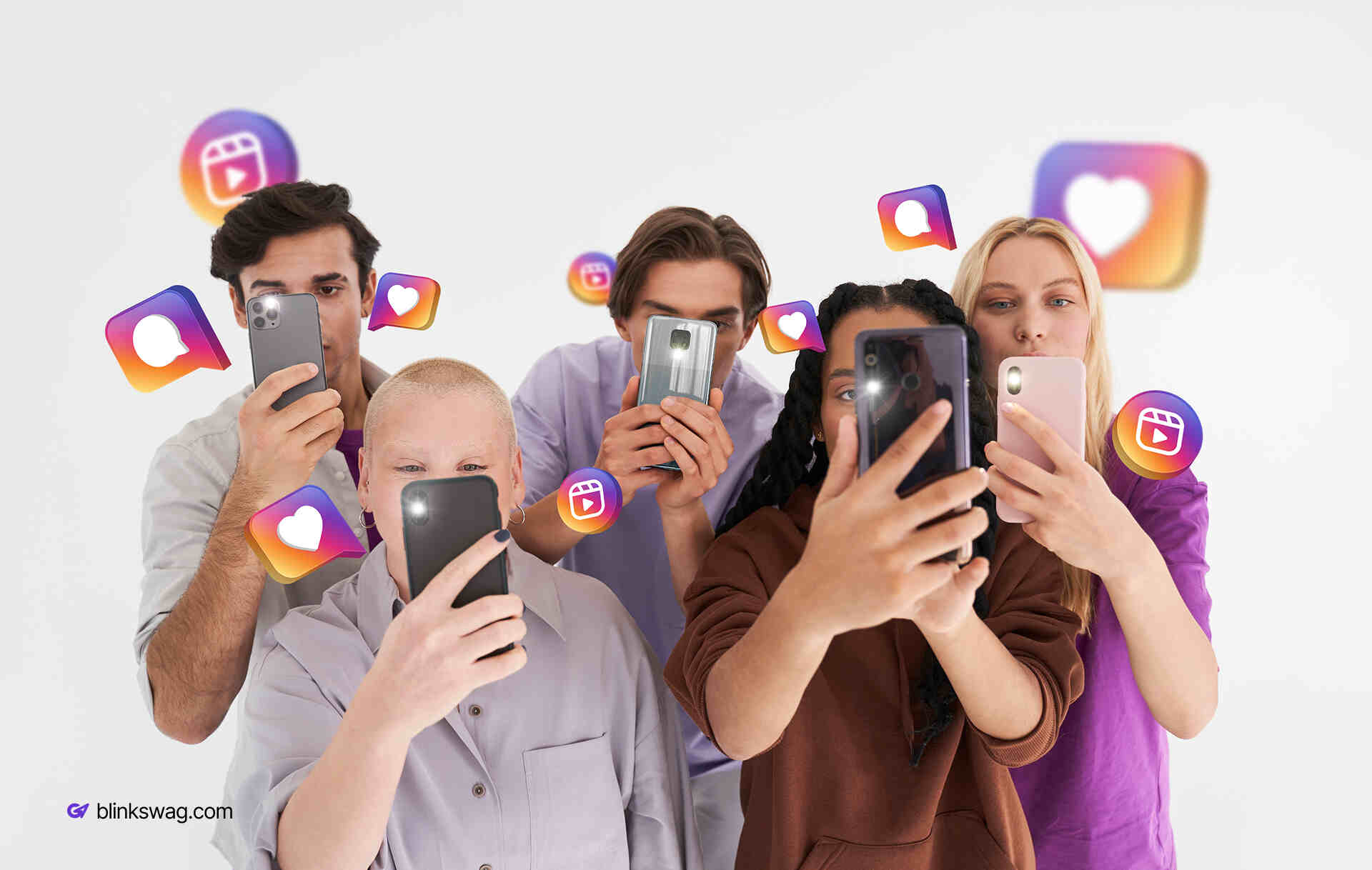 Swag Meets Social: How to Fuel Social Media Engagement with Branded Merchandise 1 people shooting with phone cameras and social reactions appearing