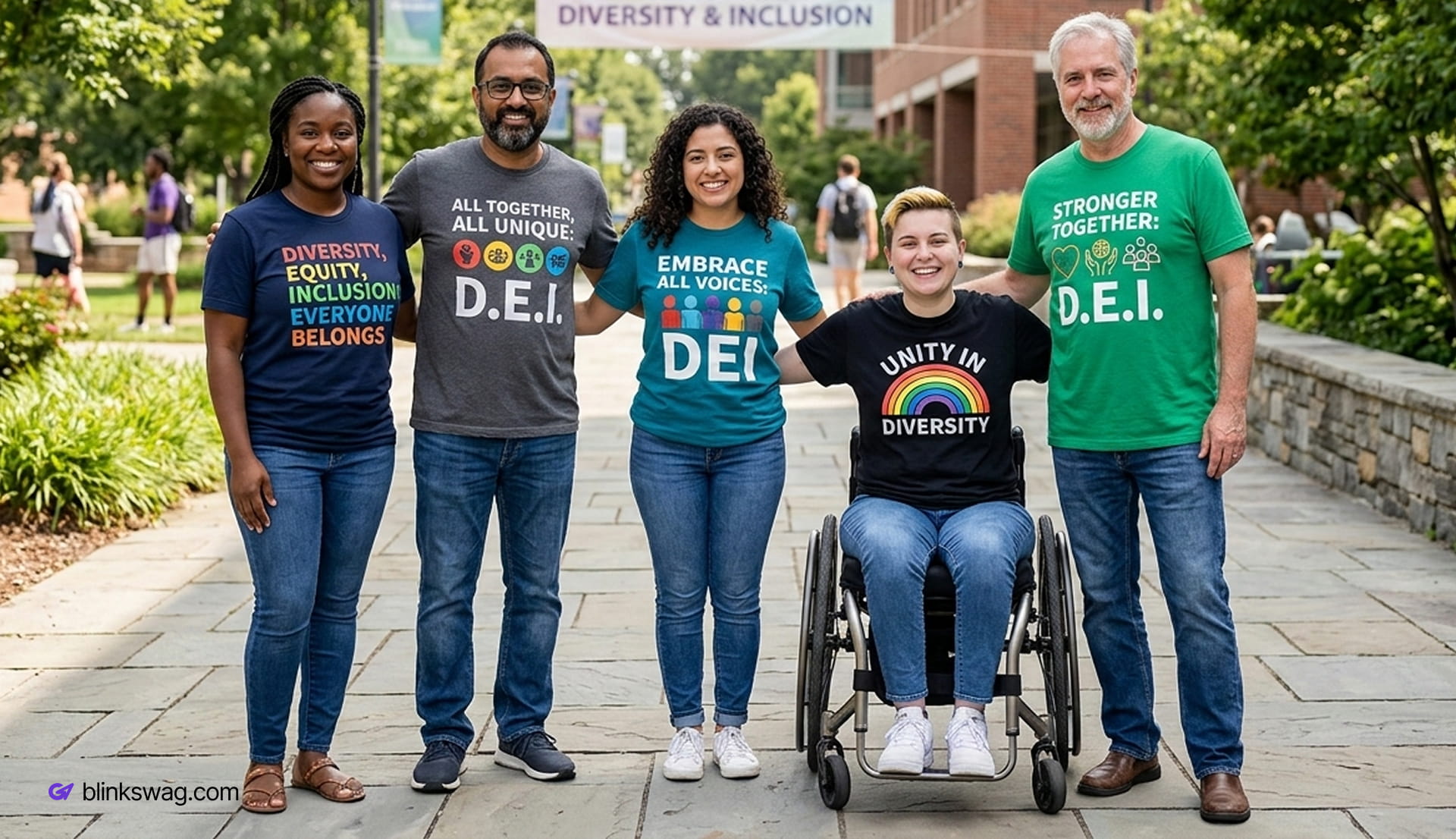 Diverse group of people wearing DEI designed tshirts and posing for picture