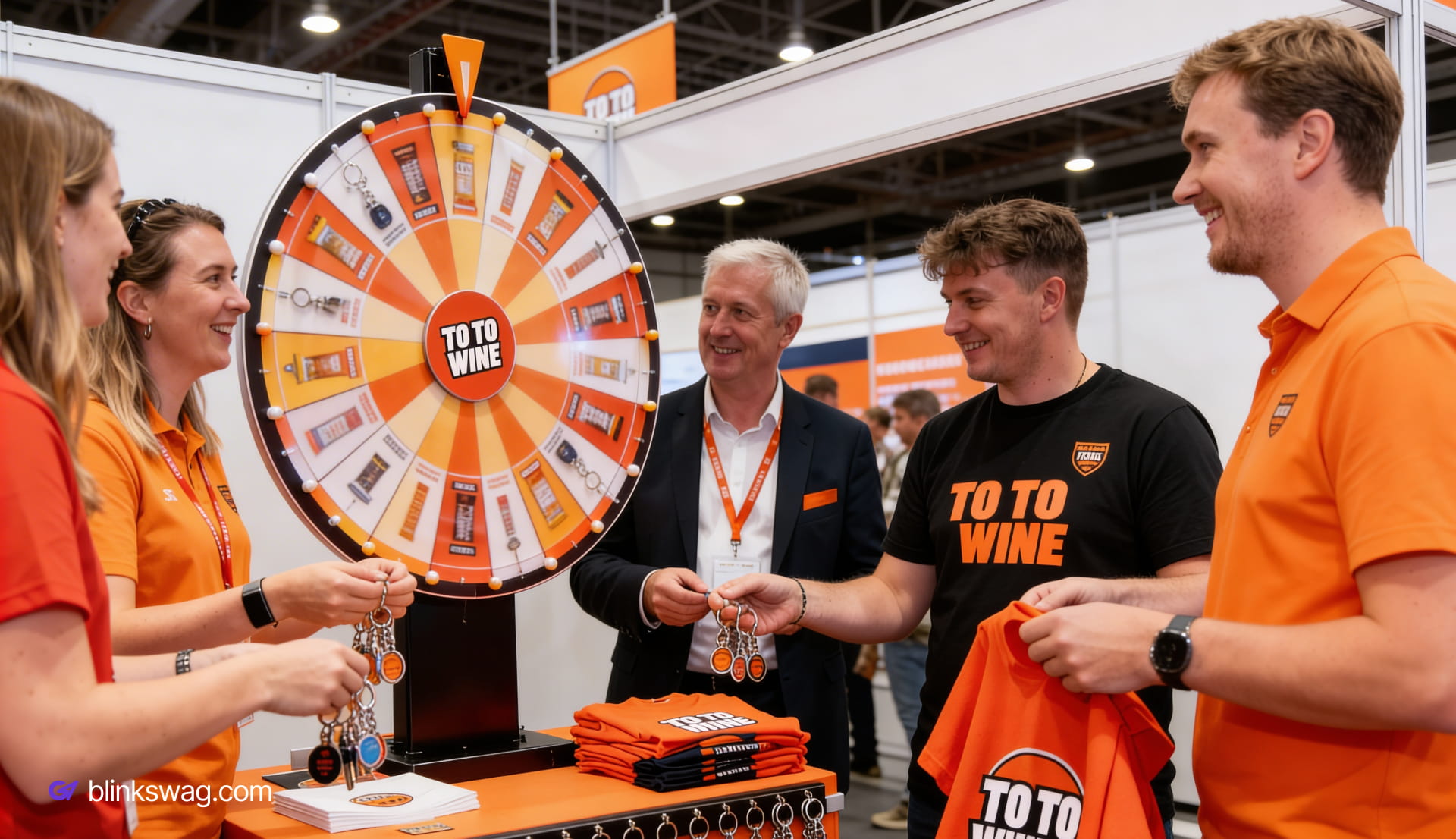 Attendees at a booth playing spin to win merch and engaging with each other