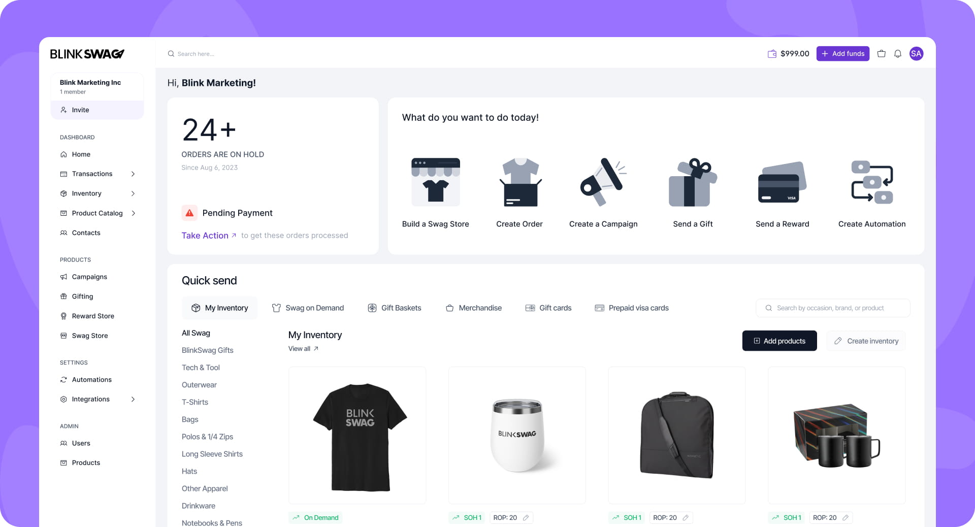BlinkSwag swag management dashboard Screen View