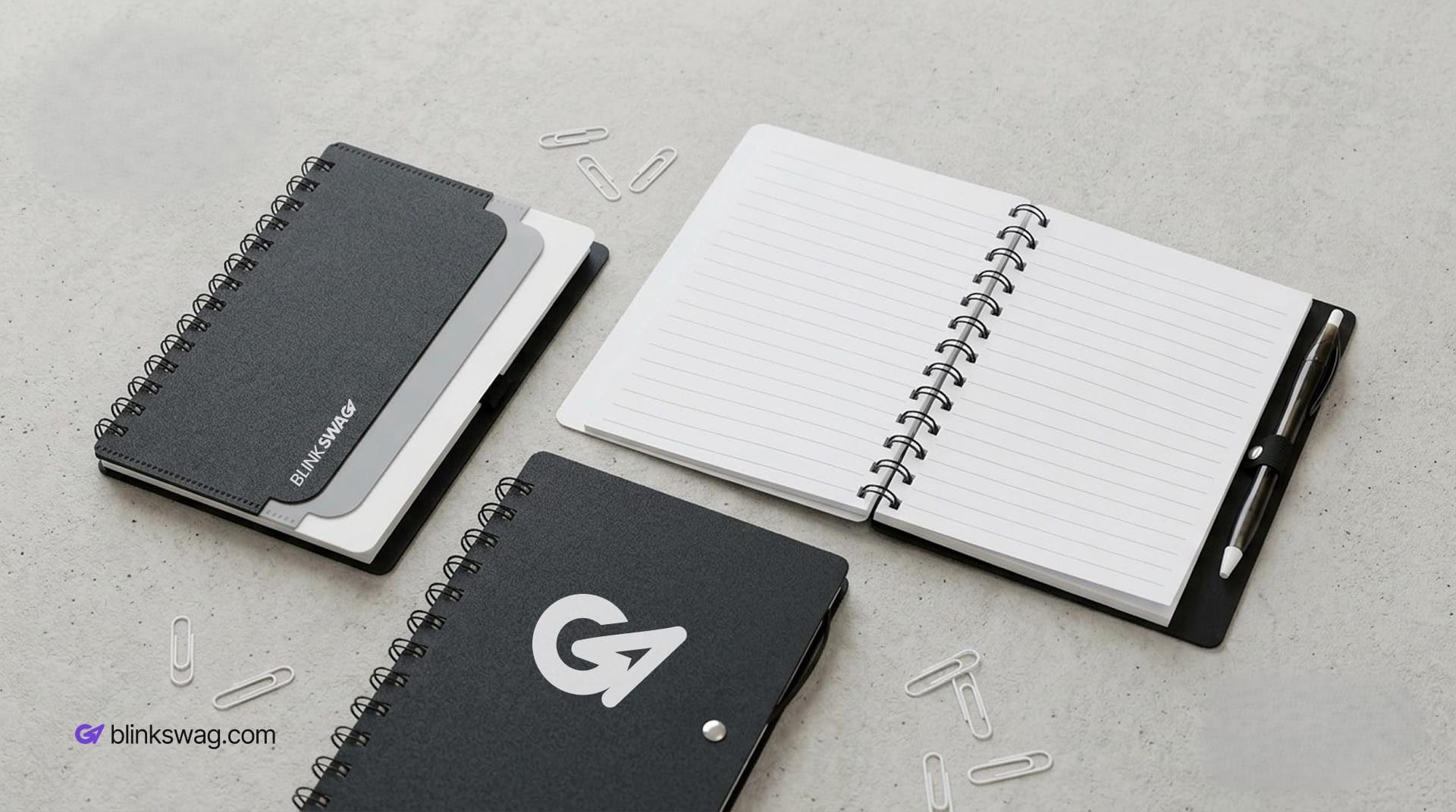 Custom recycled dual-pocket spiral notebook with pen for corporate branding.