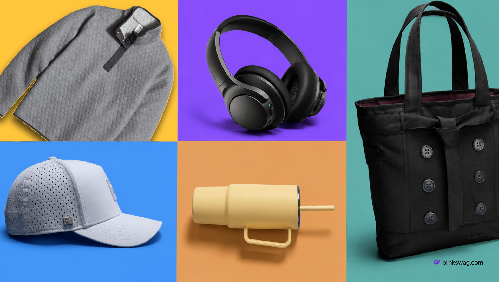 Premium corporate gifts including headphones, tumbler, cap, and tote bag for women's equality day.