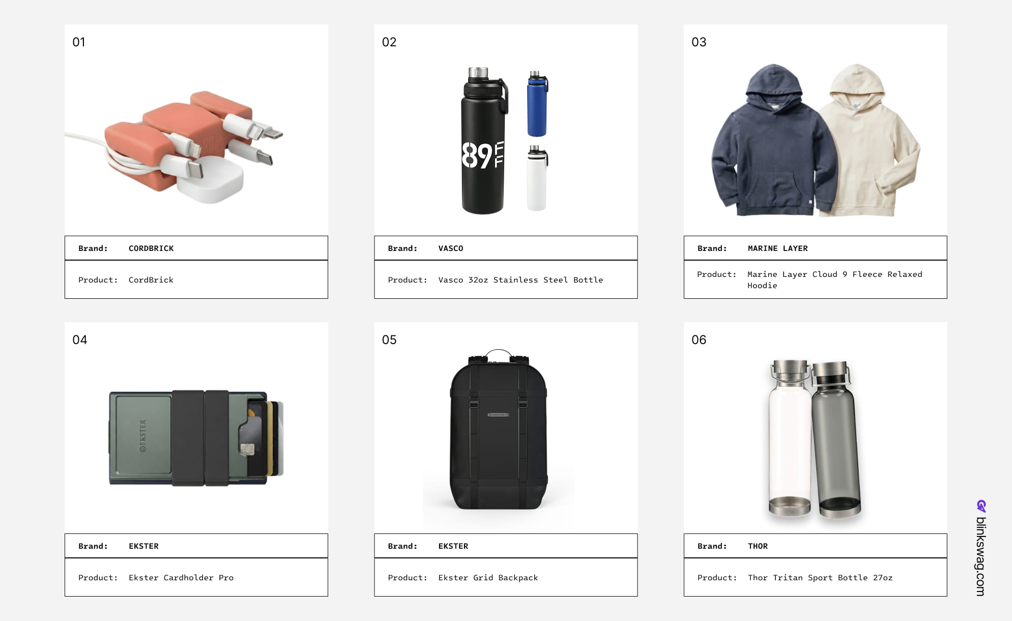 Grid of custom corporate gifts including tech accessories, hoodies, and drinkware.
