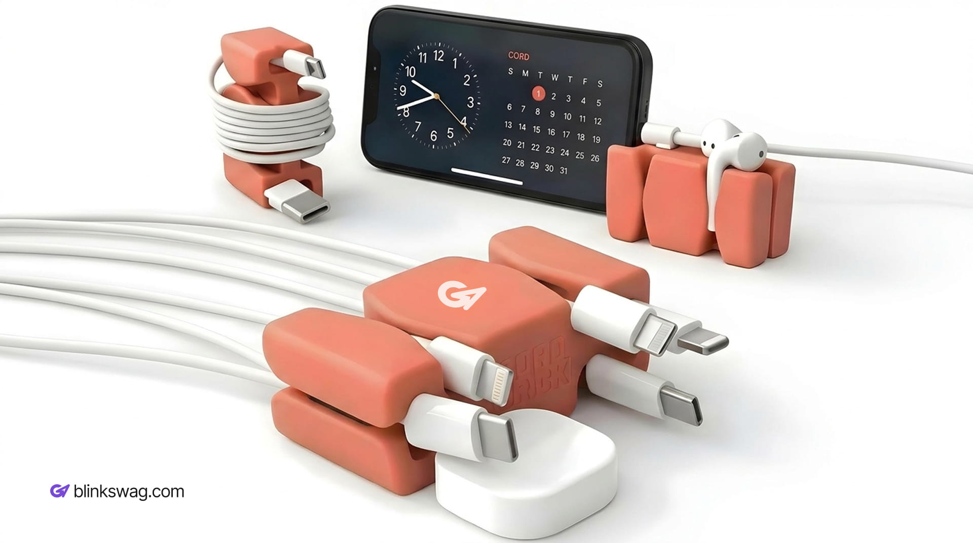 Terracotta CordBrick cable organizers holding USB cables and earbuds near a smartphone.