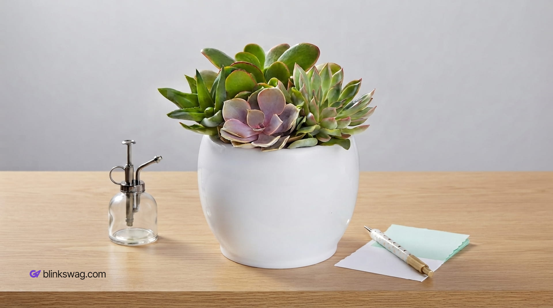 Ceramic white pot filled with assorted potted succulents on a wooden desk.