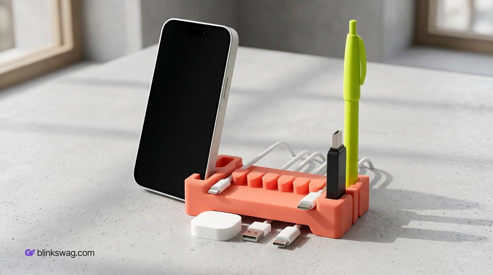 Silicone desk cable organizer and stand.