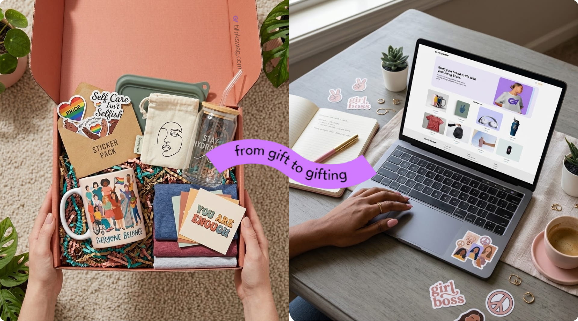 Custom appreciation gift box for women equality day next to laptop with BlinkSwag reward store for occasion.