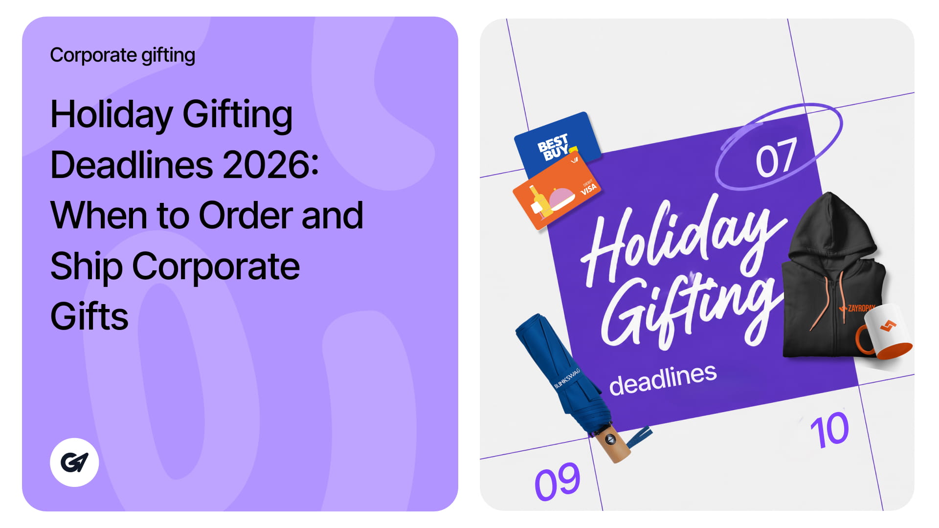 Purple graphic outlining 2026 corporate holiday gifting deadlines with calendar dates and swag items.
