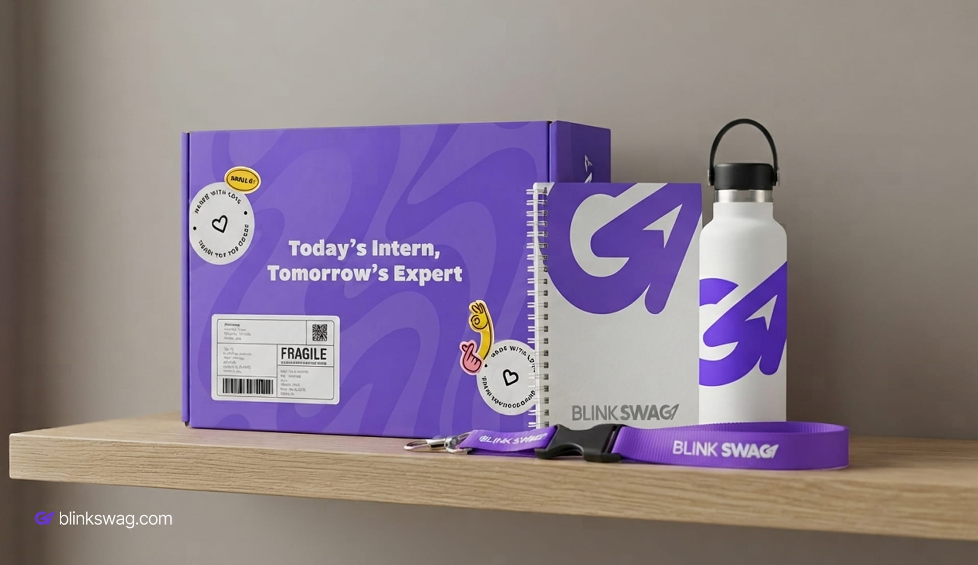 BlinkSwag custom Purple logo intern welcome gift kit.