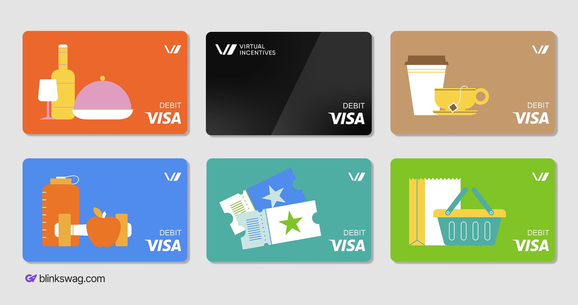 Set of custom Visa prepaid debit gift cards for corporate perks and incentives.