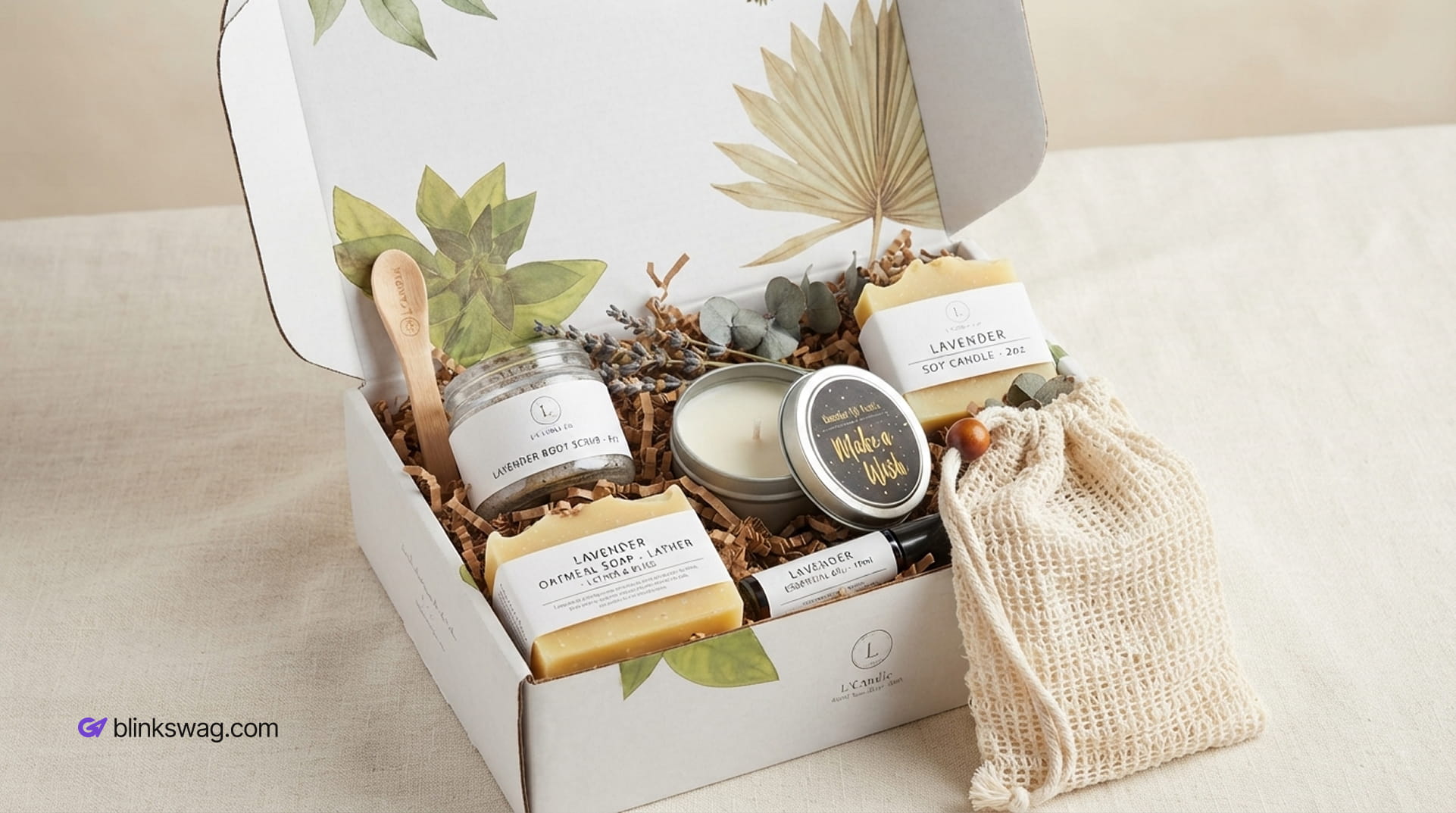 Lavender spa gift box with soap, candle, body scrub, and essential oils.
