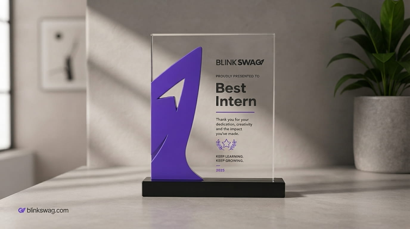 Custom acrylic Best Intern award plaque.