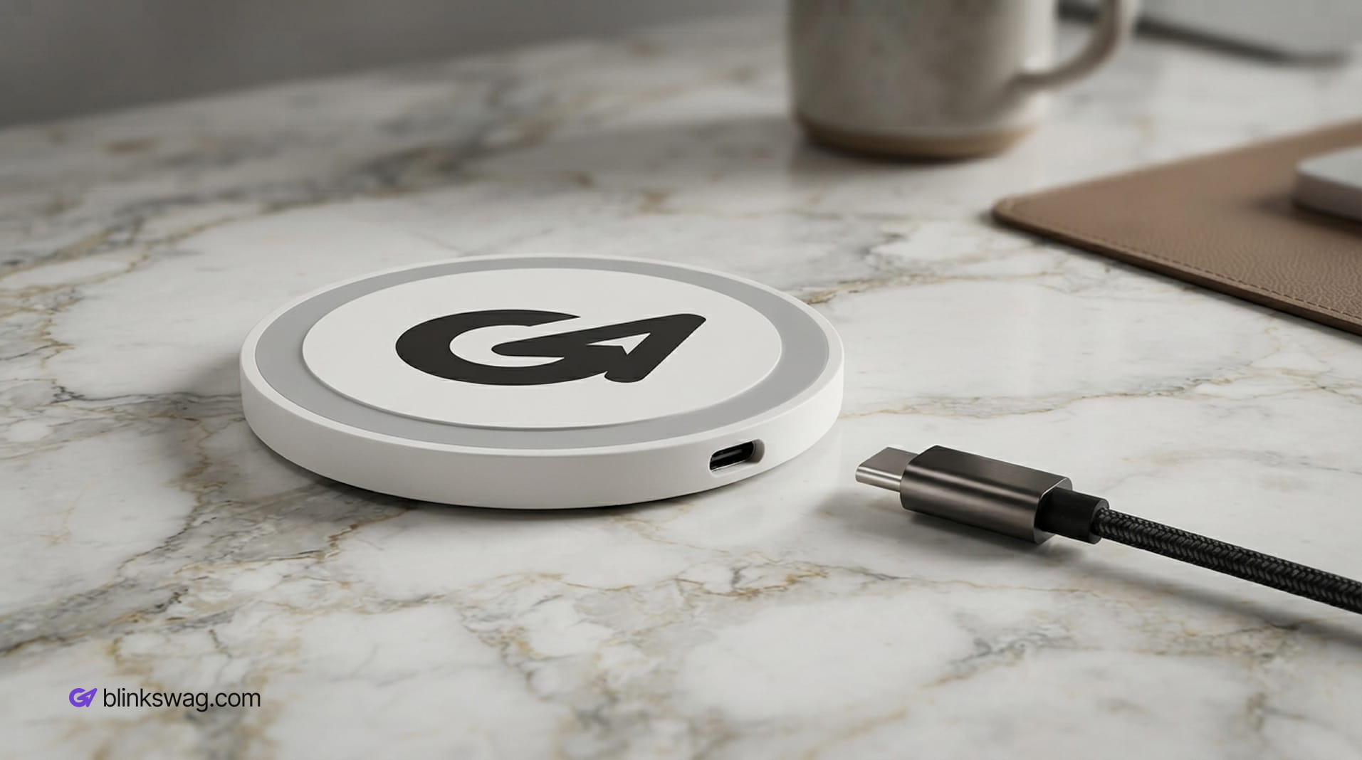 White circular custom branded wireless charging pad.