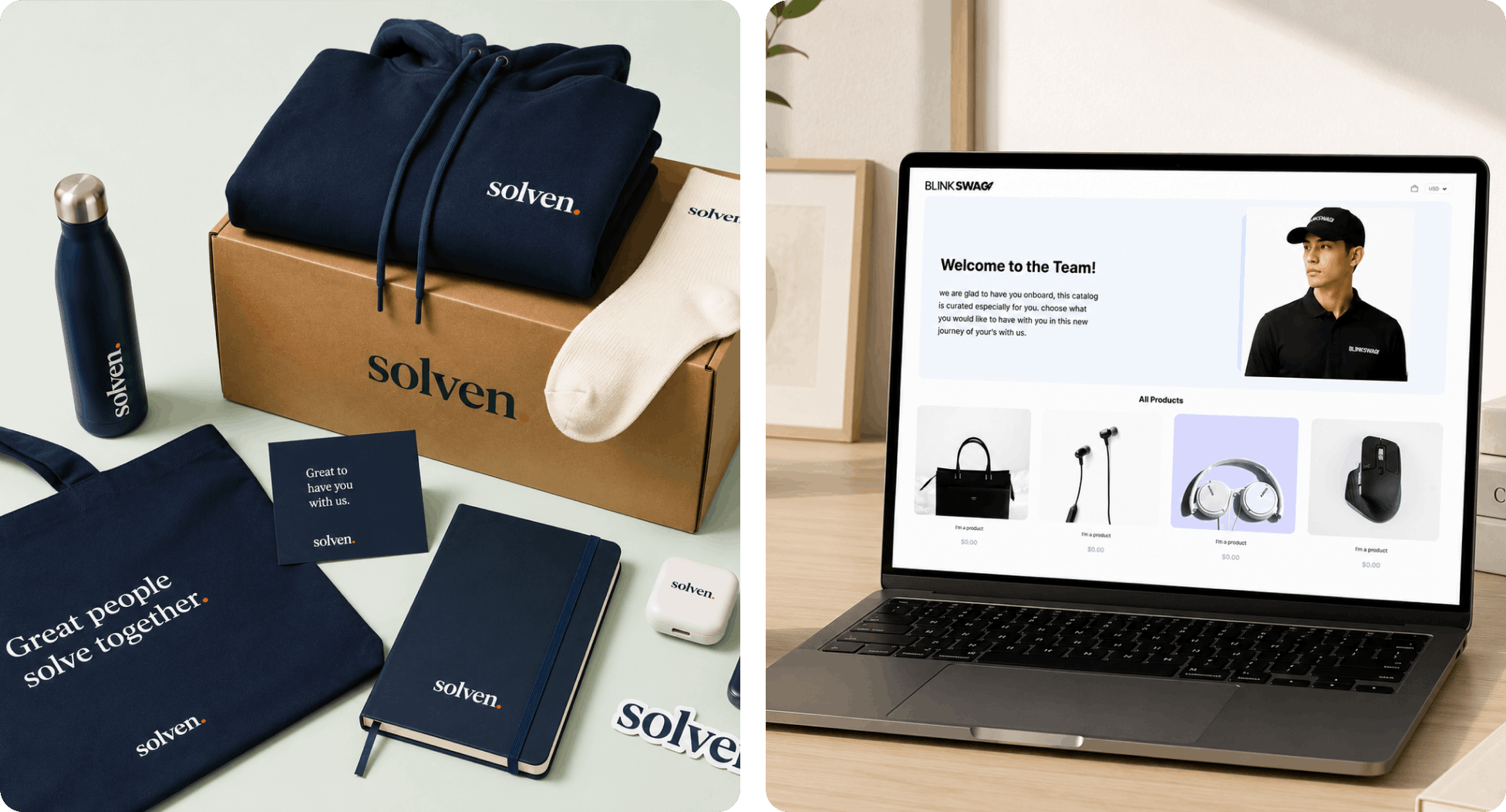 Physical custom onboarding box next to a digital employee swag shop blinkswag portal.