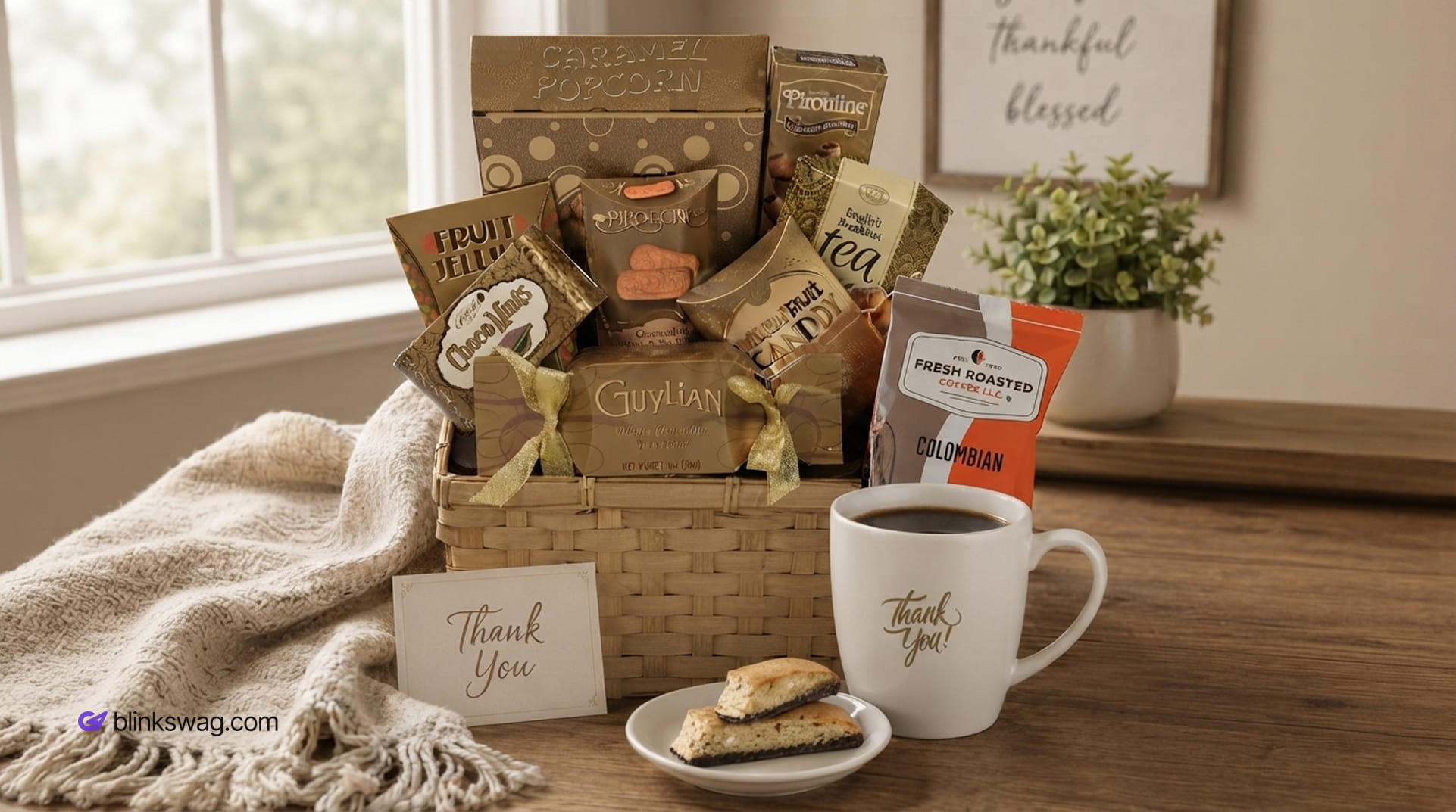 Thank You gift basket with coffee, ceramic mug, biscotti, and gourmet snacks.
