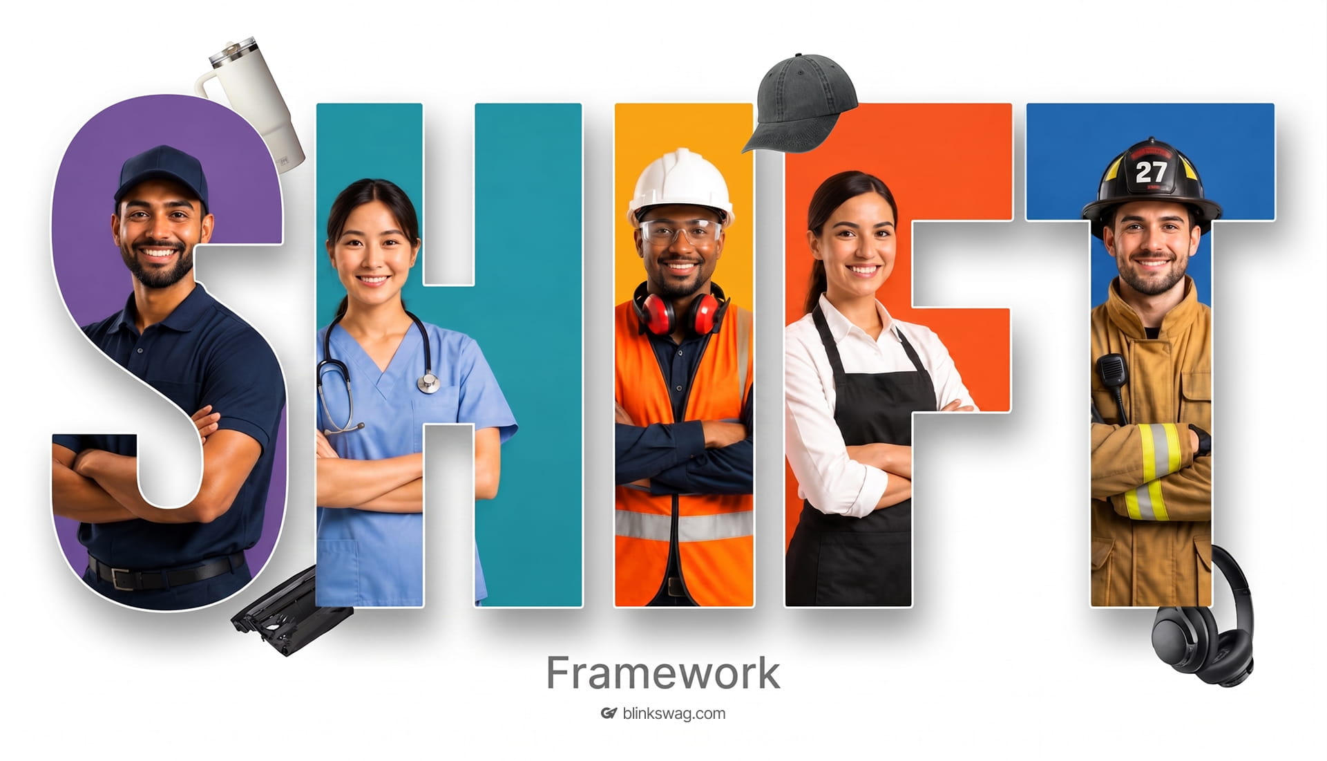 SHIFT text design with diverse frontline workers like nurses, builders, and firefighters.
