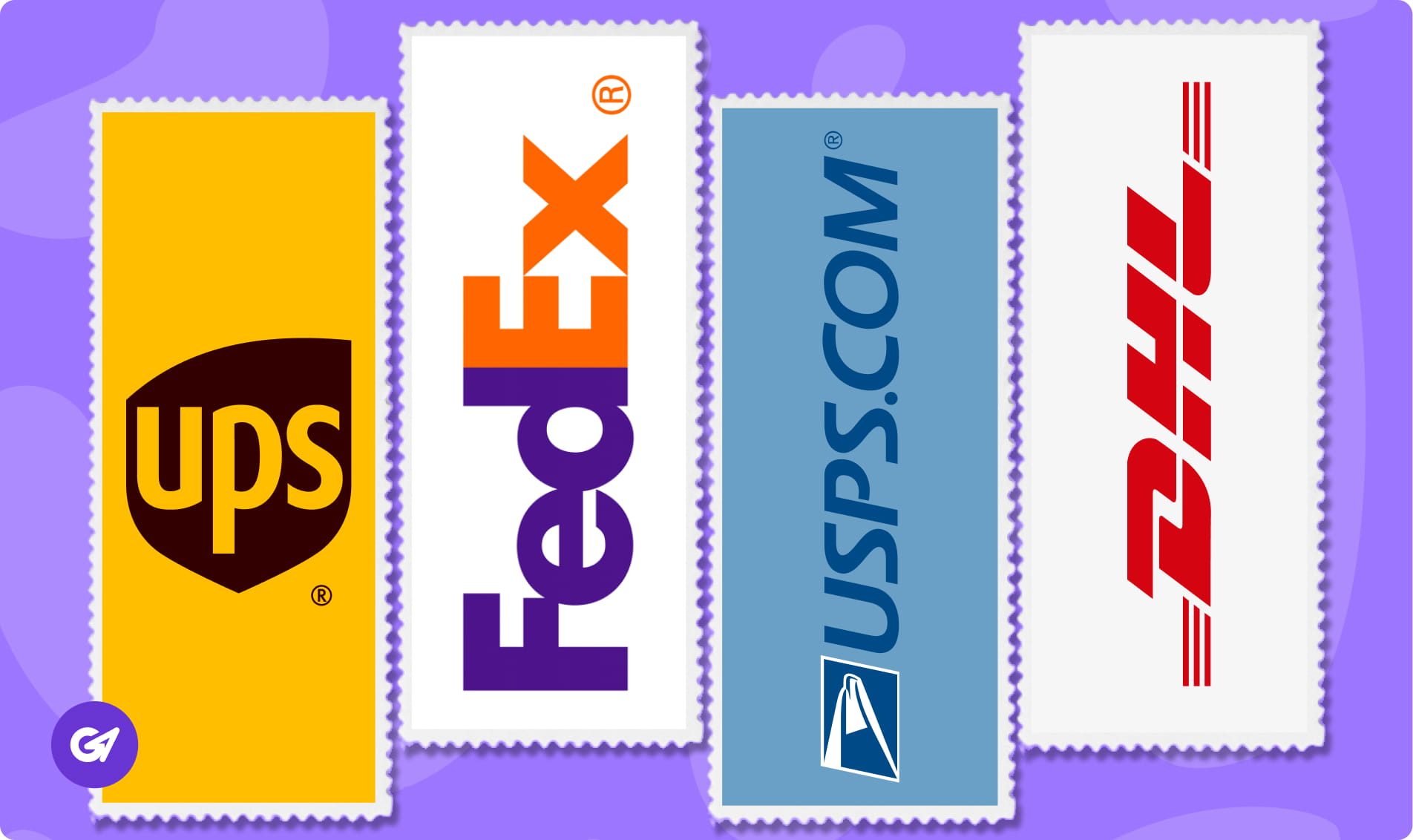Postage stamps featuring corporate carrier logos for UPS, FedEx, USPS, and DHL.