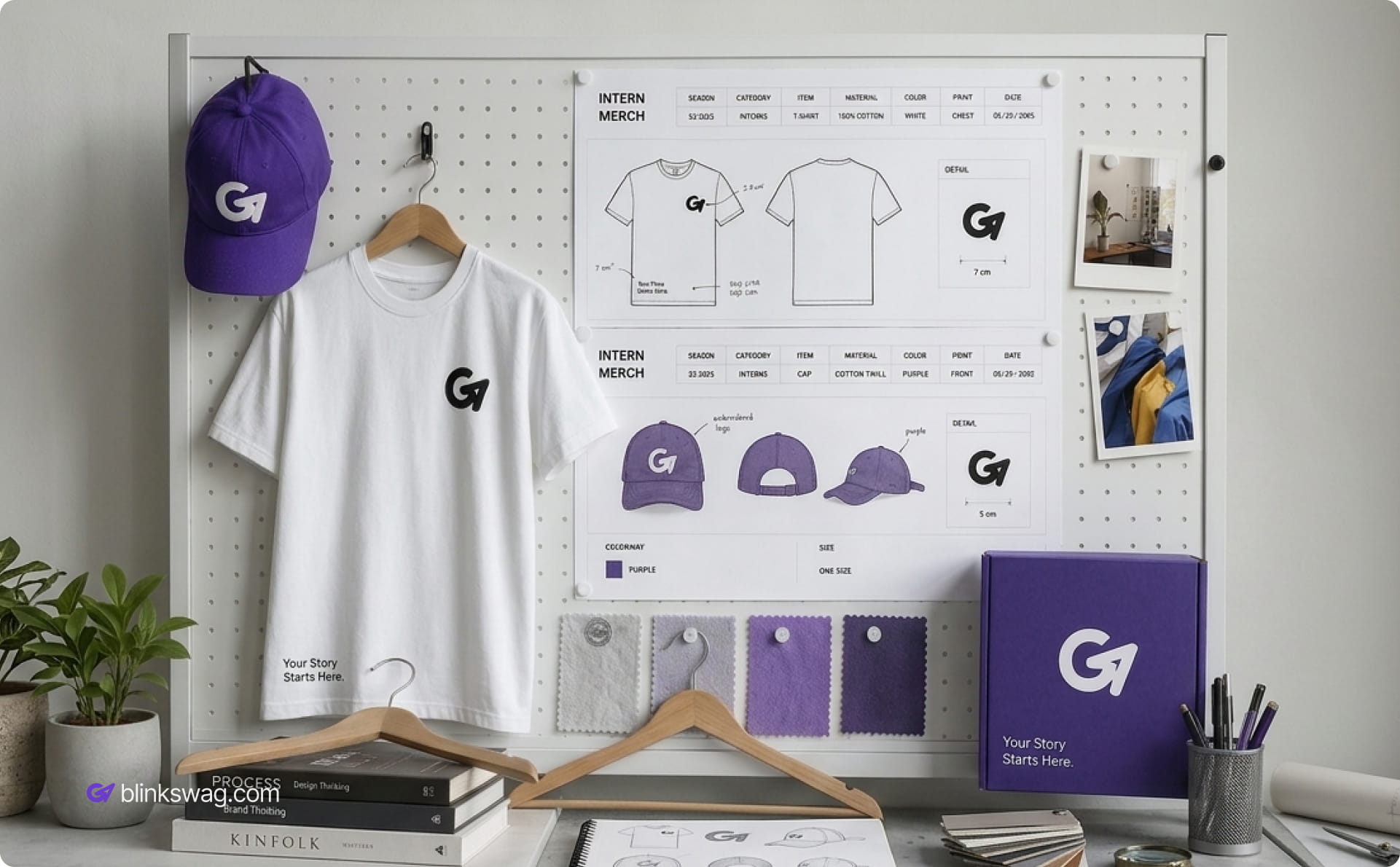 Intern merch display board with shirt and cap.