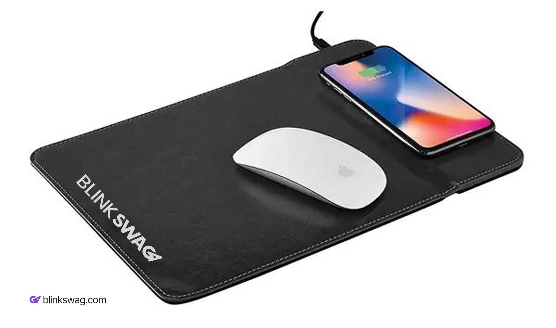 Black leatherette mousepad with integrated wireless charging pad for smartphones.