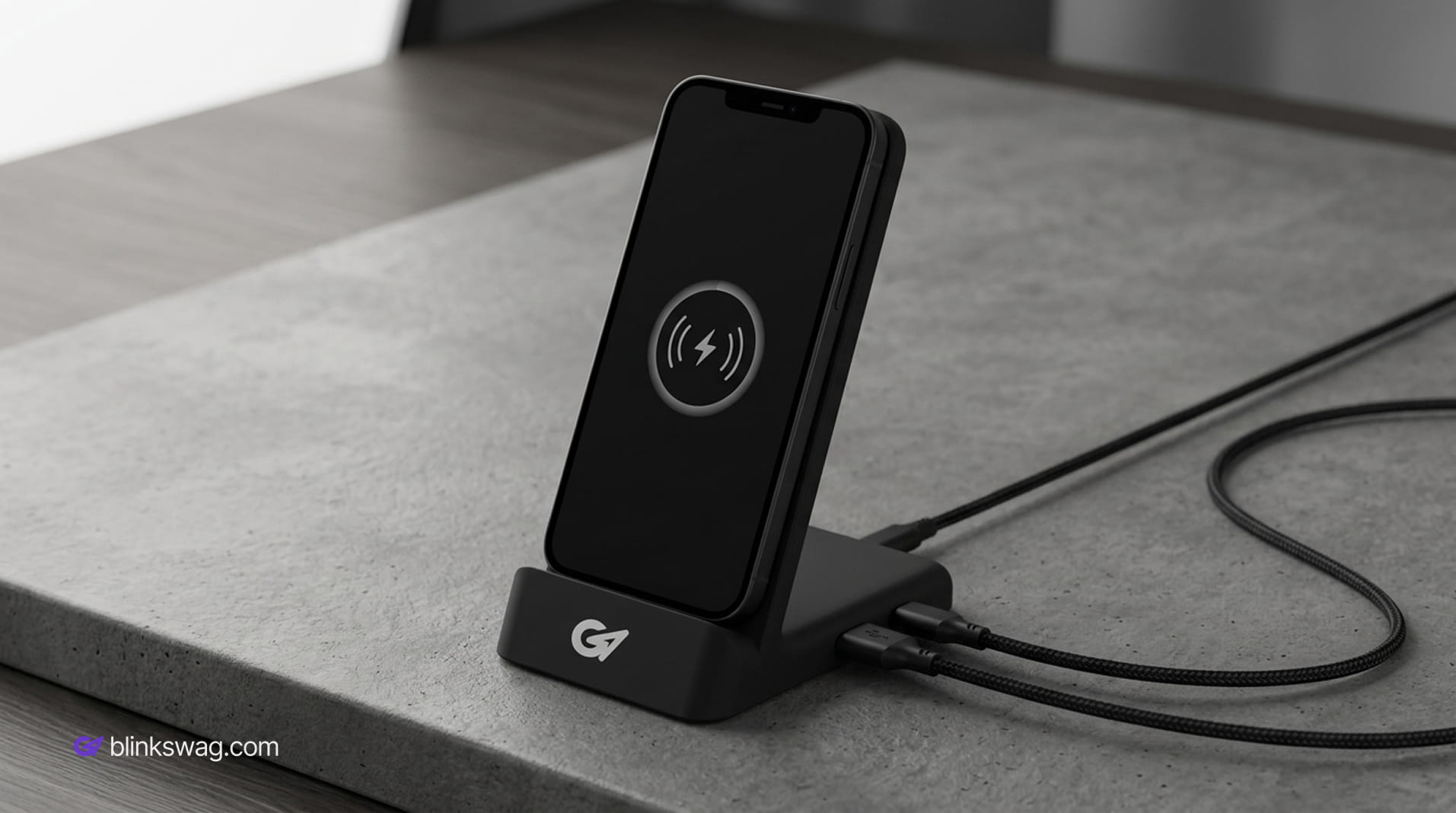 BlinkSwag custom branded black desktop wireless phone charger.