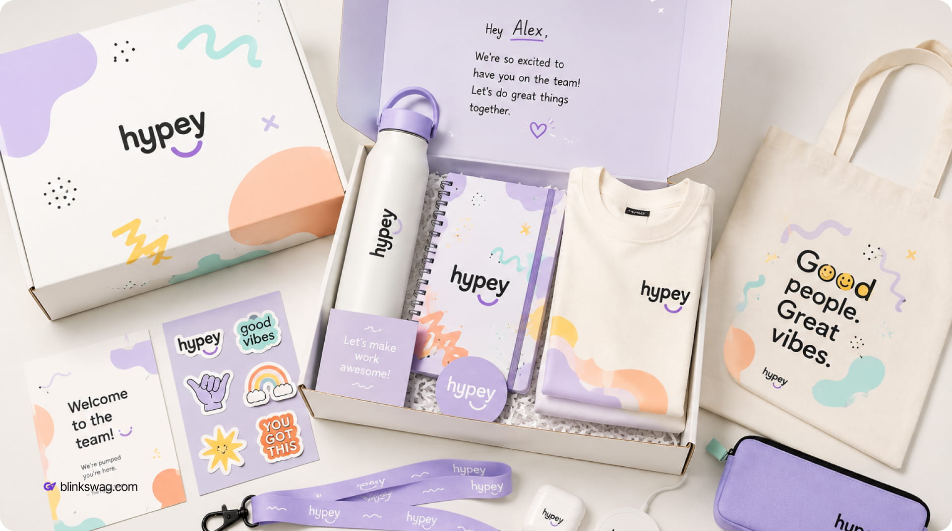 Pastel themed Hypey welcome kit box with custom tote bag, notebook, and apparel.