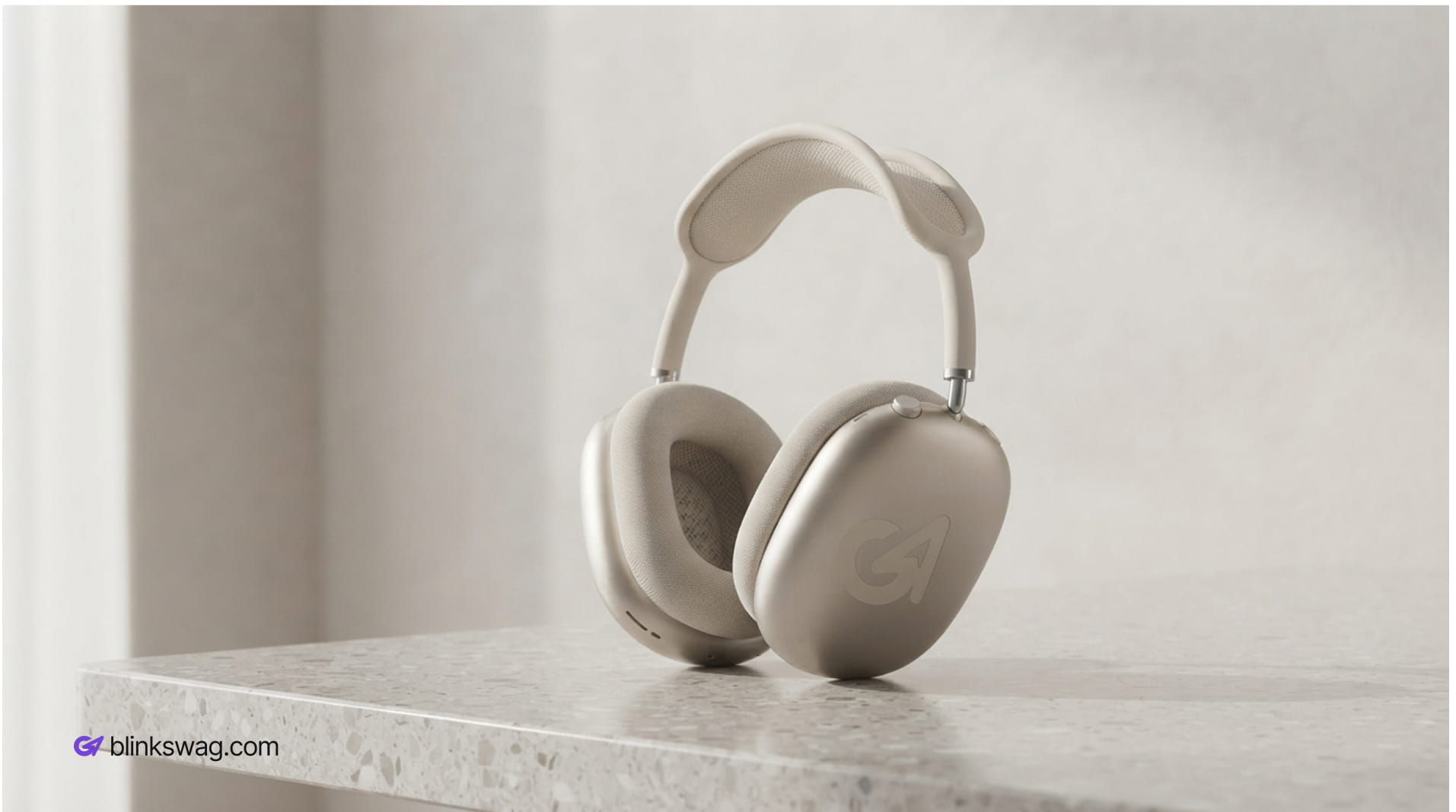 Branded Cream over-ear wireless headphones.