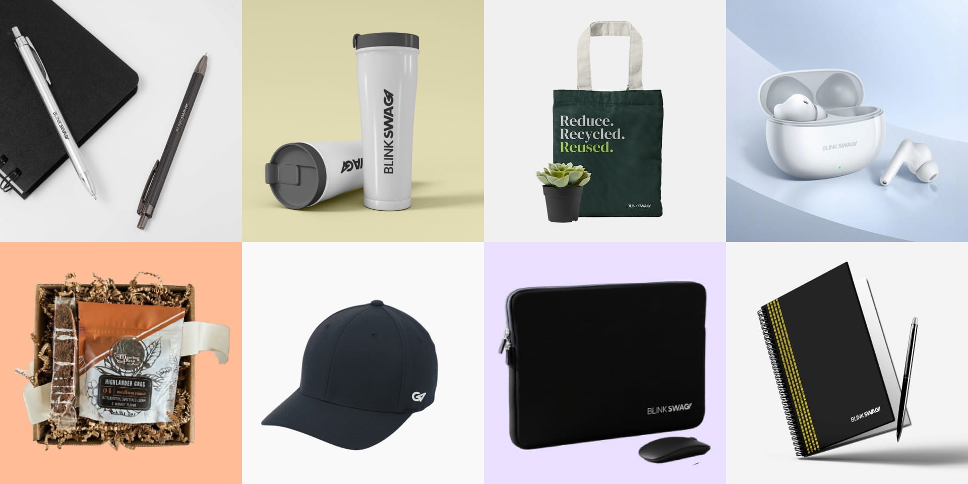 Grid of custom corporate gifts including tumblers, totes, hats, and tech accessories.