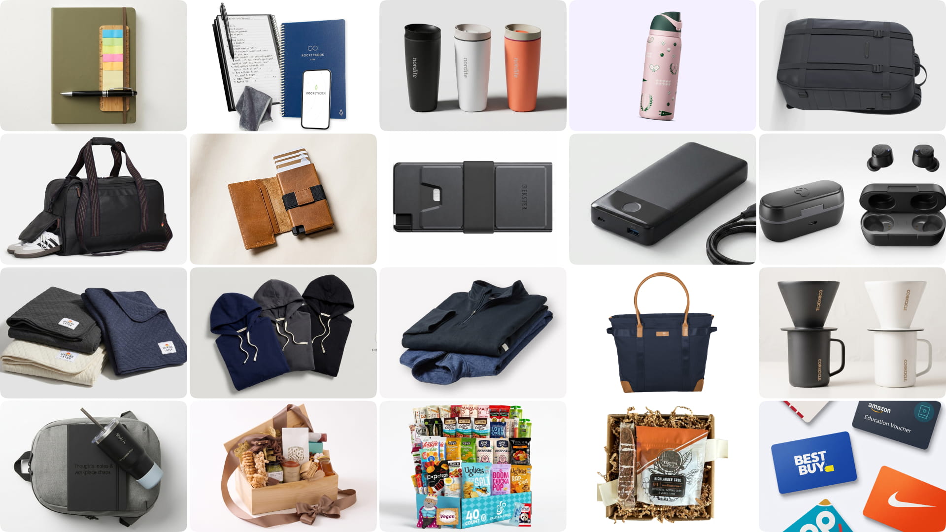 Grid collage showcasing twenty corporate gift ideas for HR professional day including notebooks, drinkware, bags, tech items, and snack boxes.