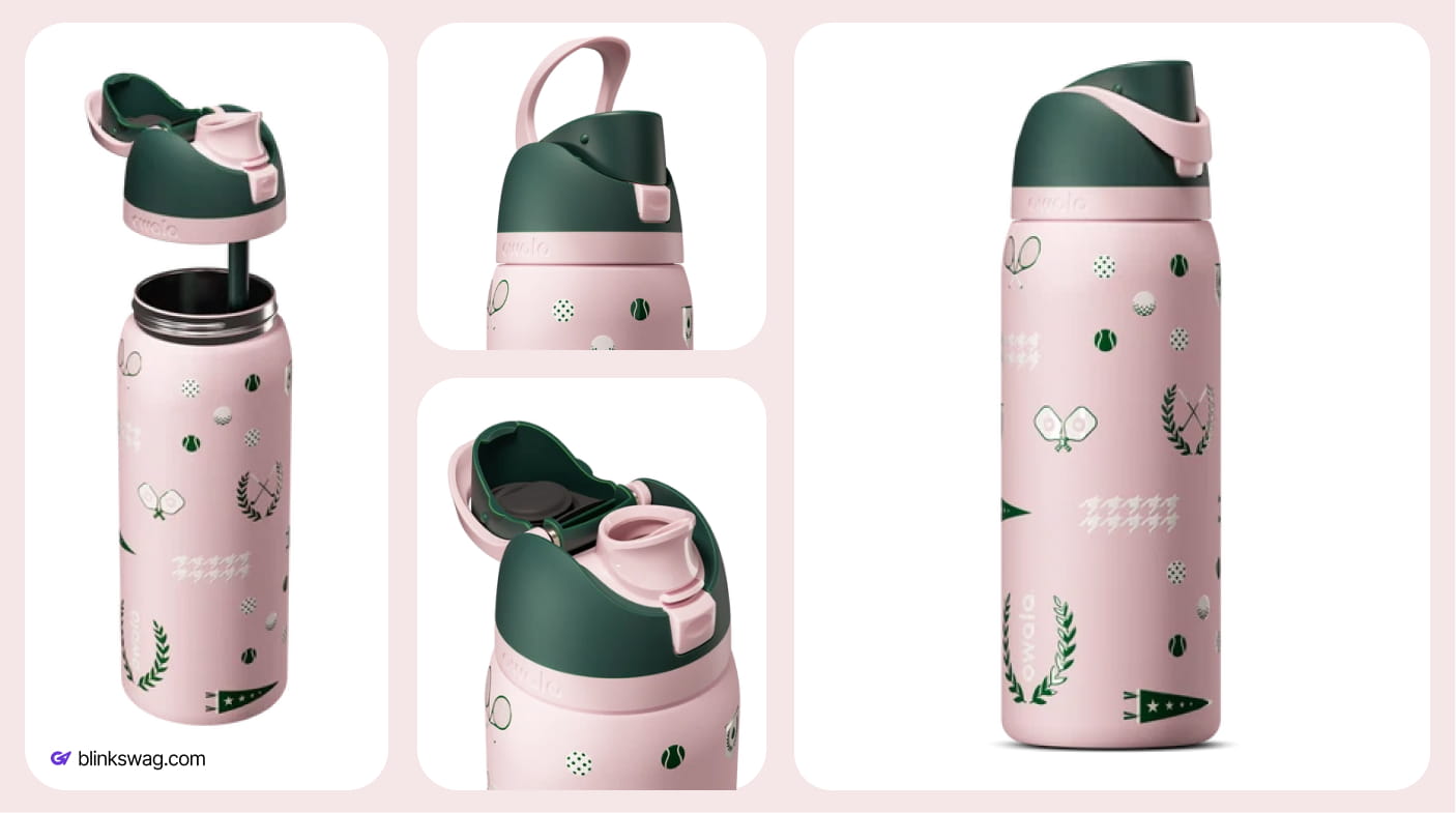Pink 24 oz Owala FreeSip bottle with sports icons shown from multiple angles detailing flip cap.