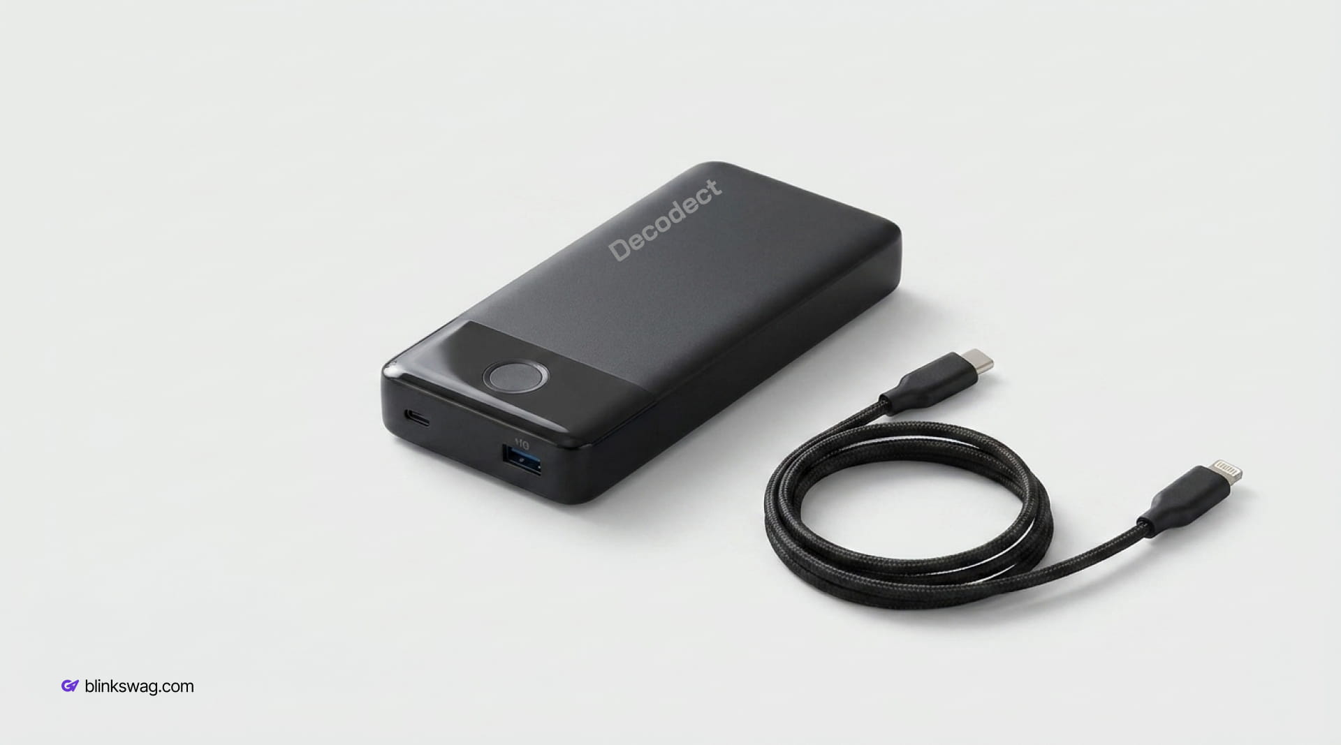 Matte black custom branded Anker power bank for Decodect with a braided dual-connector charging cable.