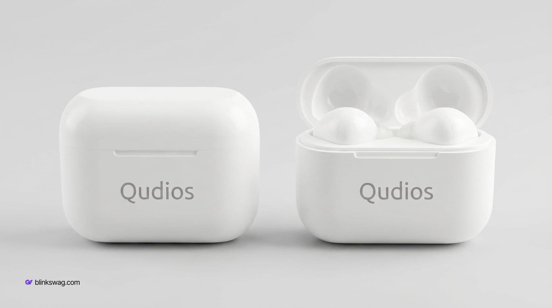Custom branded White Braavos Pro True Wireless Auto Pair Earbuds for Qudios' charging case shown closed and open with earbuds inside.