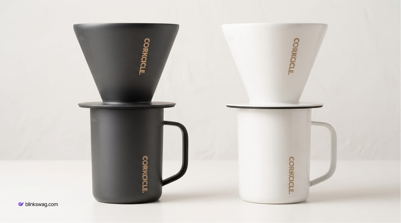 Black and white CORKCICLE pour-over coffee sets showing ceramic drippers on matching coffee mugs.