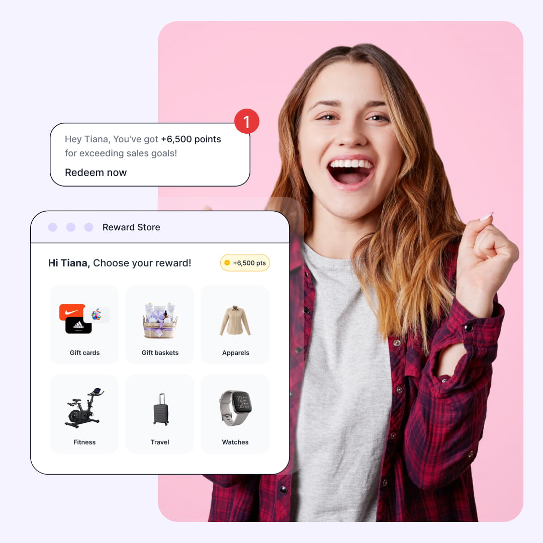 Happy employee next to a digital corporate rewards store interface showing points redemption options.