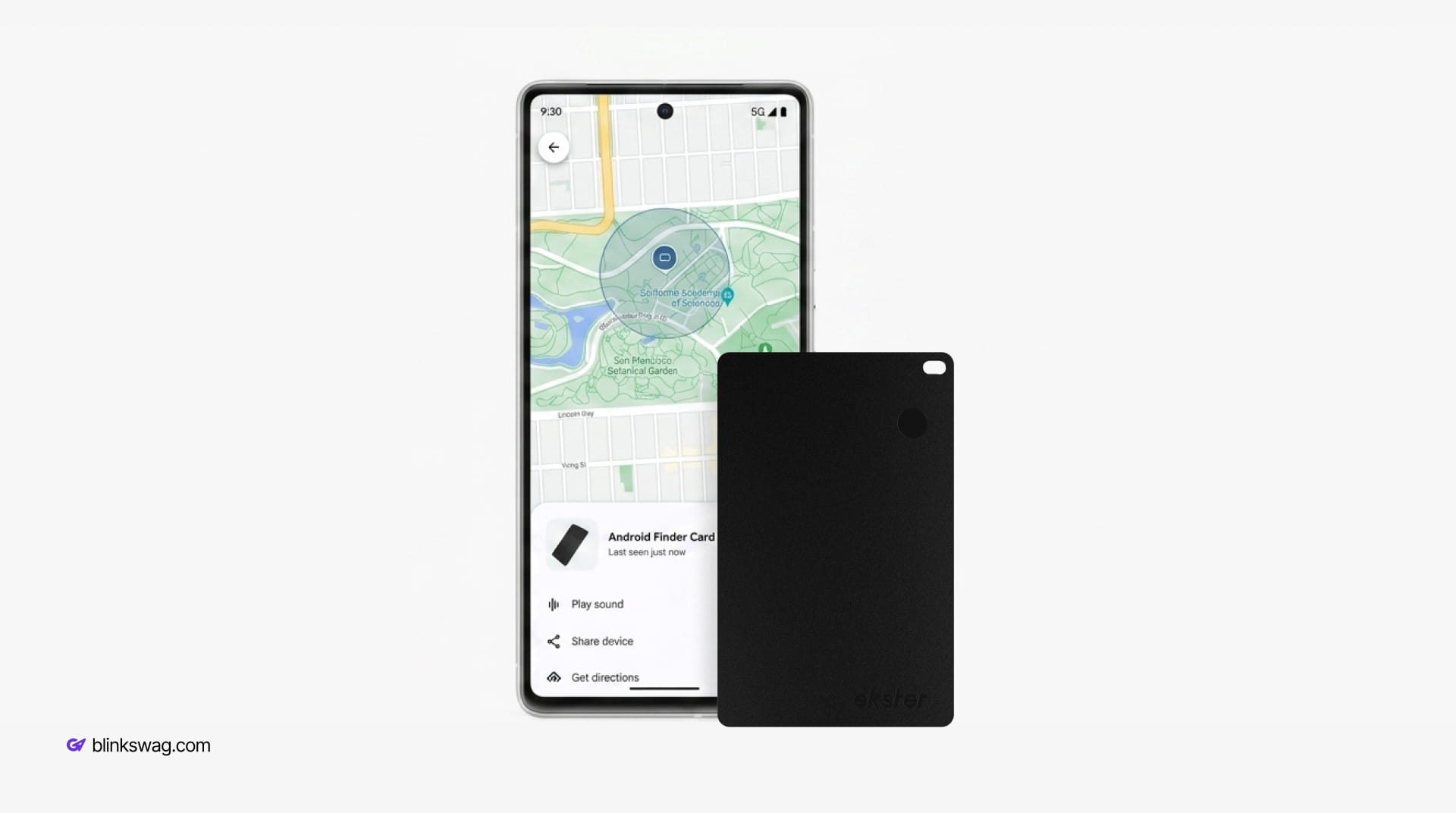 Ekster Android Finder Card displayed alongside a smartphone showing location tracking software.