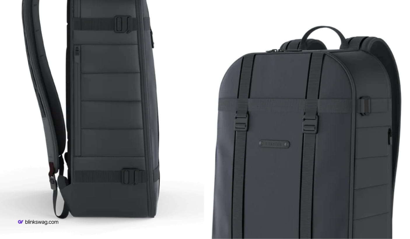 Sleek black Ekster Grid Backpack shown from side and front angles featuring modular webbing and adjustable straps.