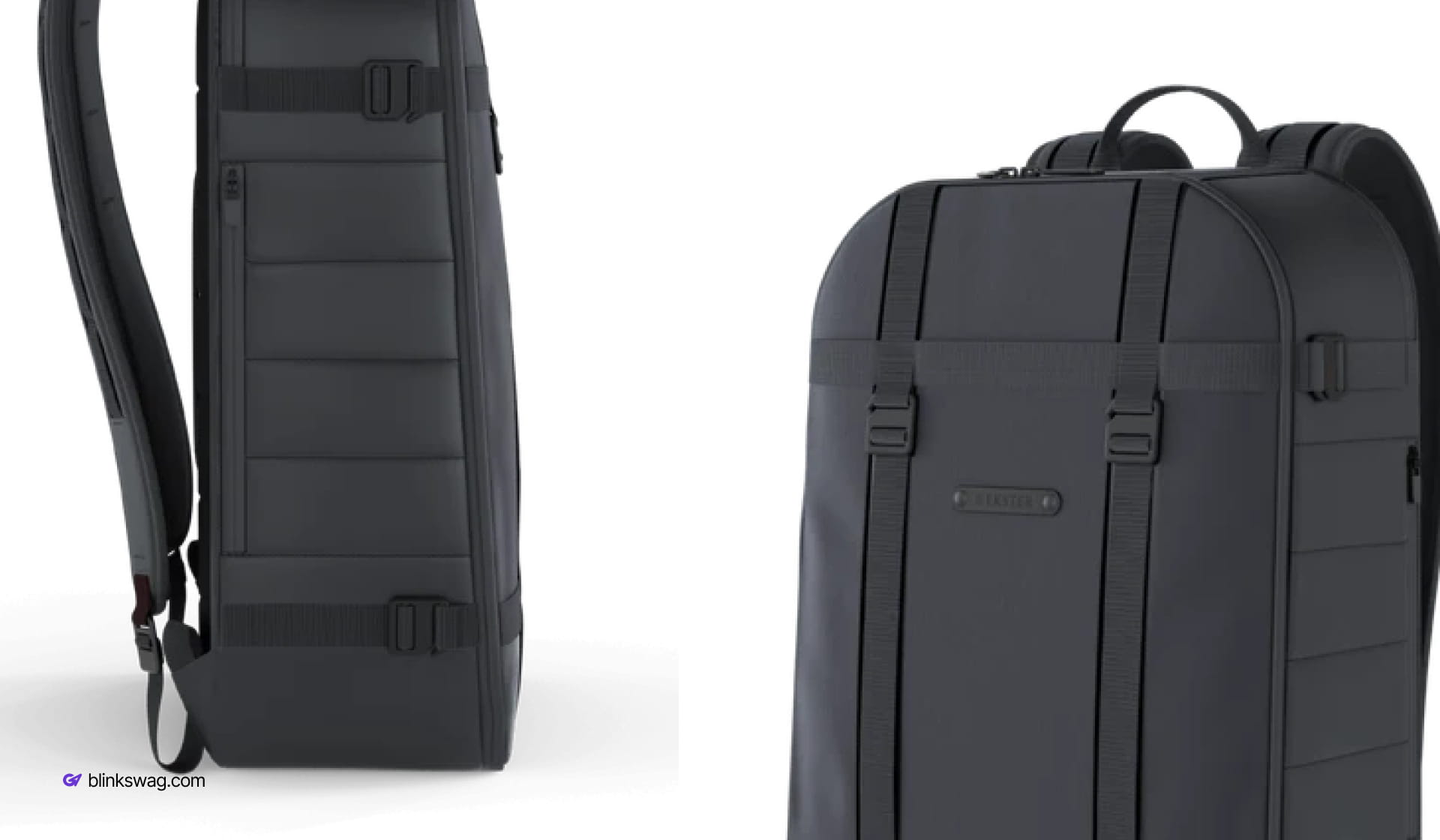Sleek black Ekster Grid Backpack shown from side and front angles featuring modular webbing and adjustable straps.