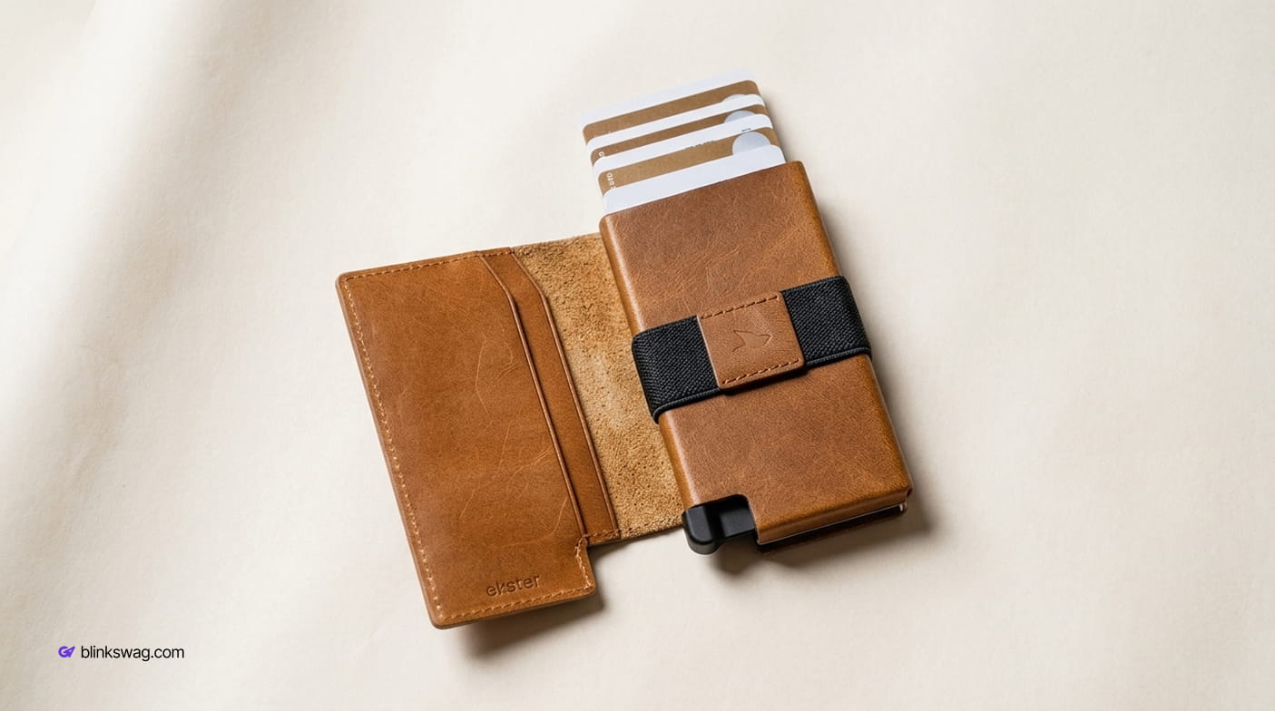 Open light-brown leather Ekster Wallet Pro showing pop-up card mechanism, card slot, and elastic strap.