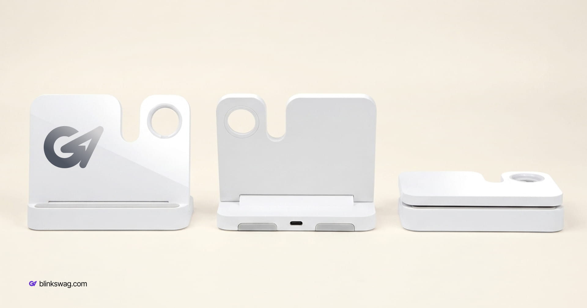 custom branded blinkswag white foldable 3-in-1 wireless charging stand shown flat and upright.