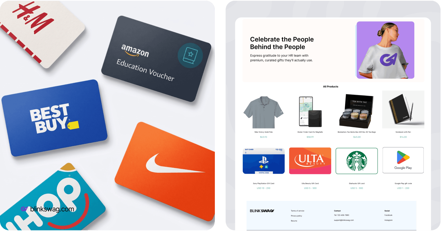 Brand gift cards alongside a BlinkSwag storefront showcasing curated merchandise and digital reward options.