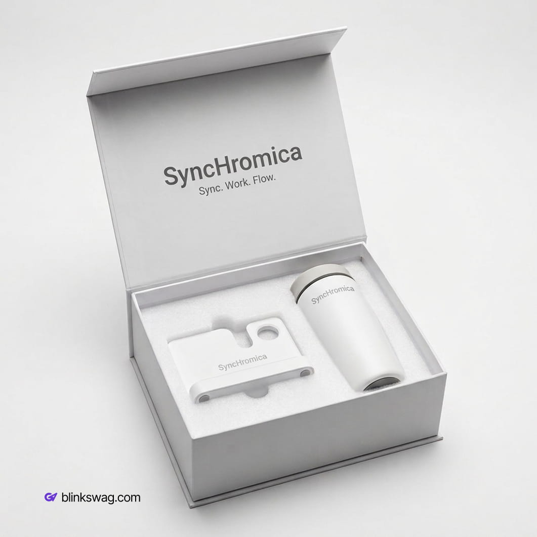 Elegant white SynChromica presentation box containing a compact phone stand and matching insulated travel cup.