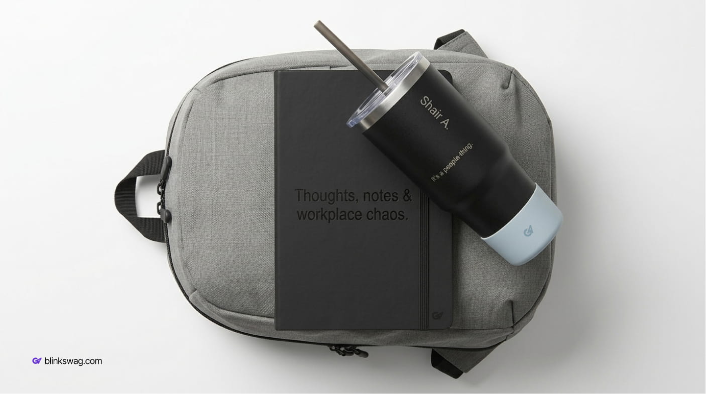 Black 40 oz Hydro Flask travel tumbler with straw on a black Nova Soft Bound Journal over a grey Port Authority® Crossbody backpack.