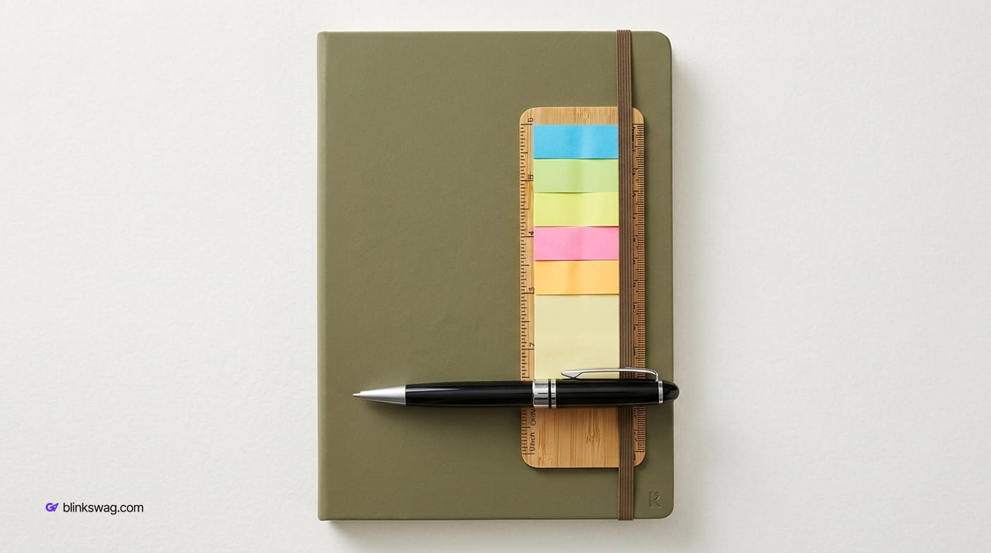 Olive green Karst notebook with elastic band, black ballpoint pen, and bamboo ruler with sticky tabs.