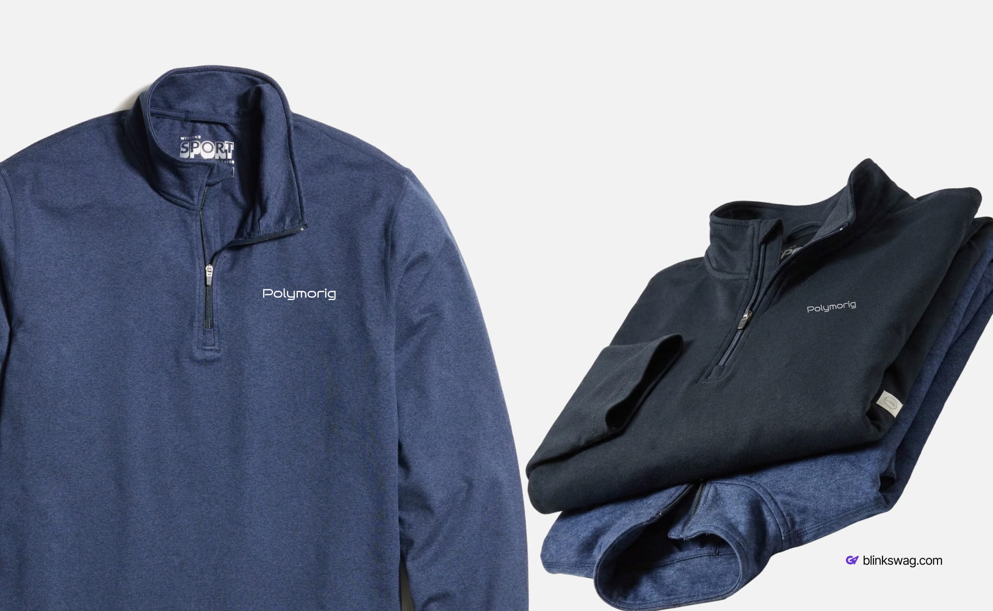 Marin Layer Navy and dark blue heathered quarter-zip pullover sweaters featuring custom "Polymorig" chest embroidery.