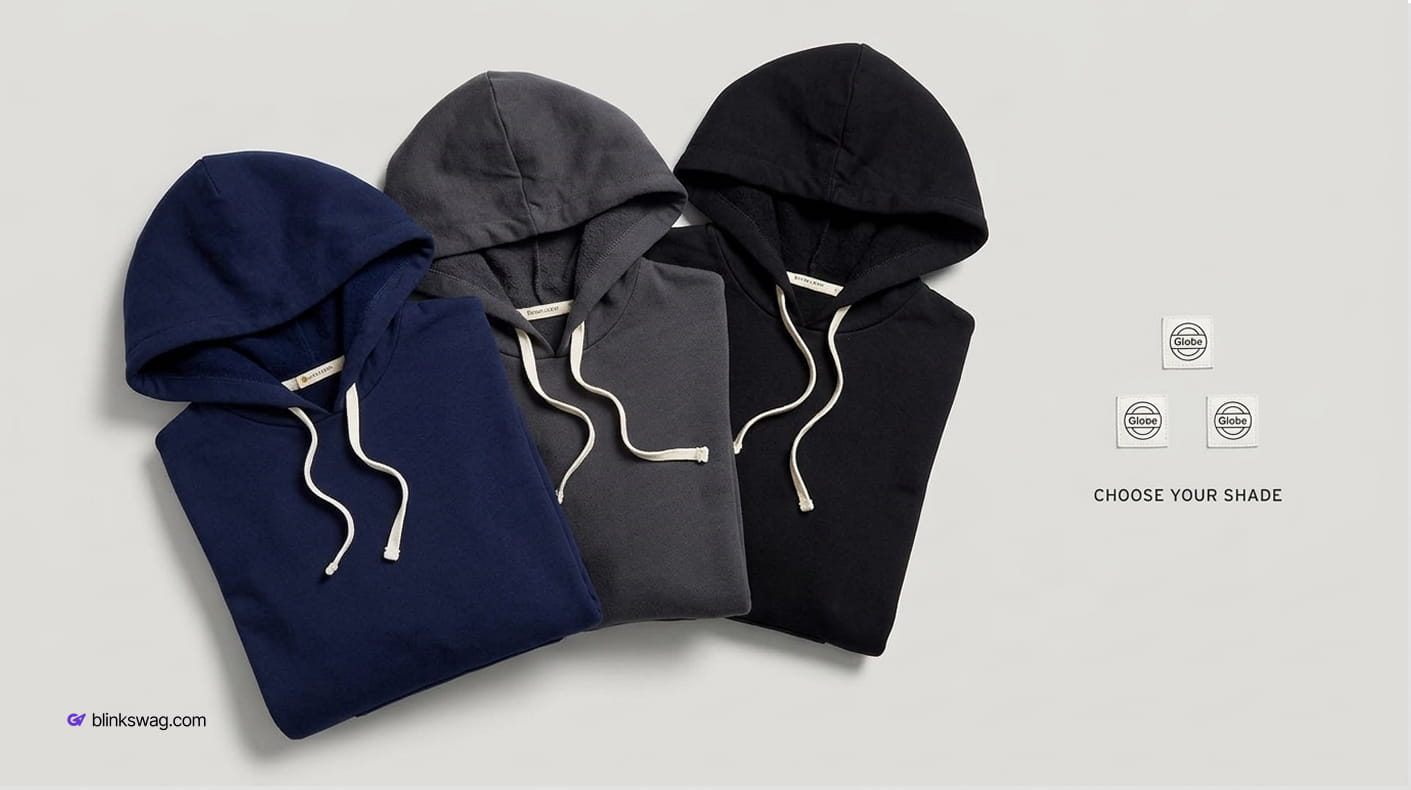 Folded Marine Layer women's pullover hoodies shown in navy blue, charcoal grey, and solid black with white drawstrings.